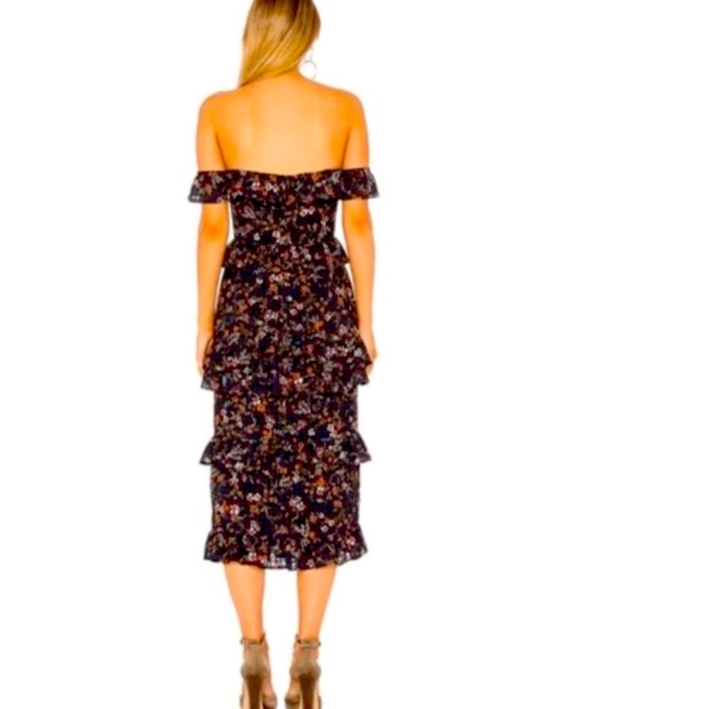 Tularosa Black Print Off Shoulder Ruffle Tiered Midi Dress Large